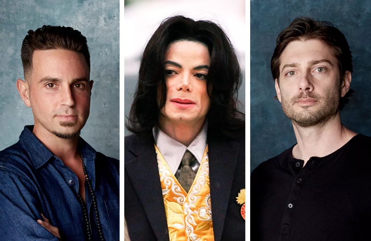 Michael Jackson accusers - Wade Robson in a denim shirt on the left, James Safechuck in a black shirt on the right. Michael Jackson in the center.